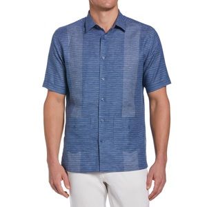 Cubavera Men Medium Shirt Guayabera Yarn-Dyed Striped Linen Blend Button Up Blue